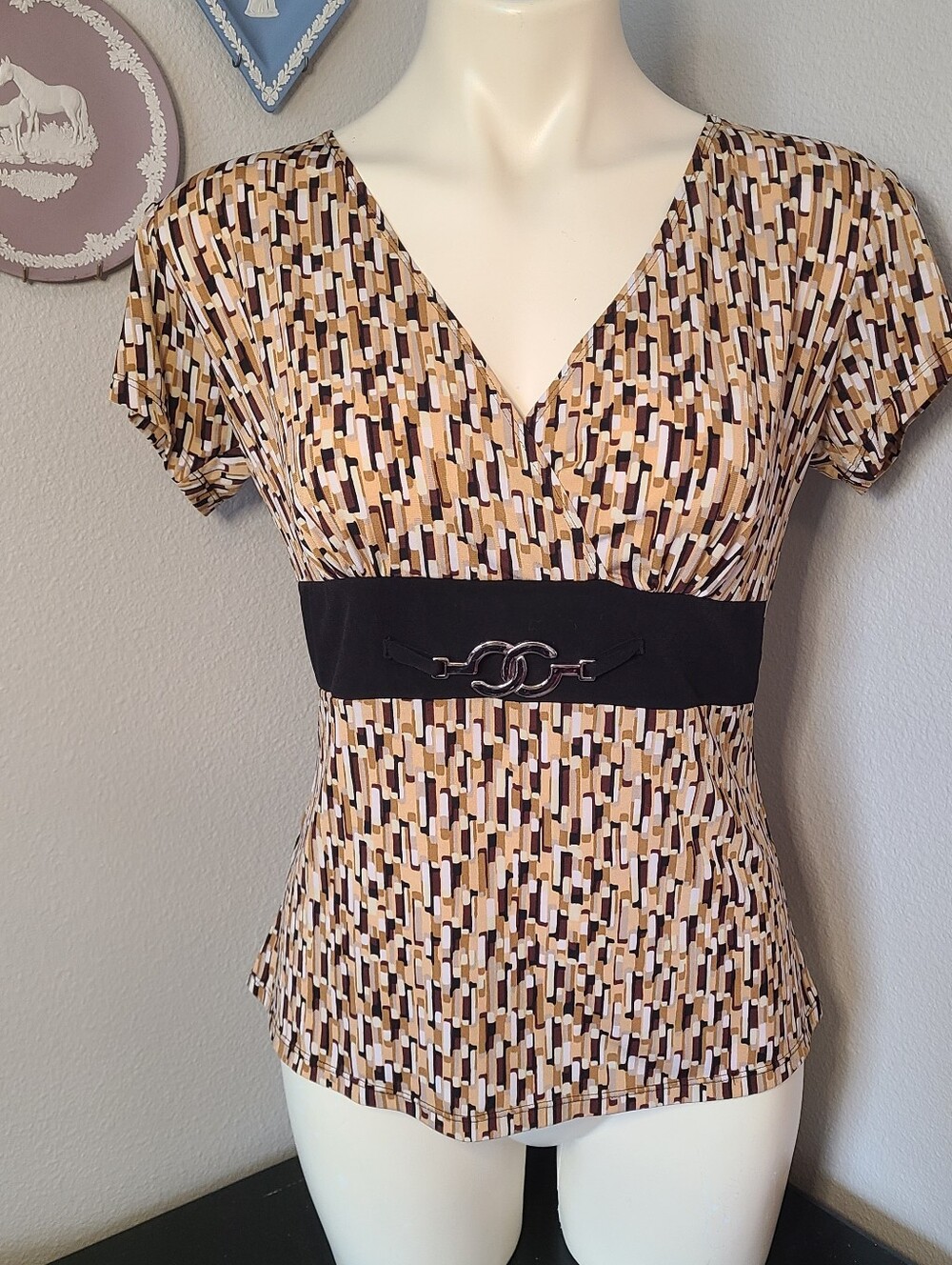 Y2K Notations Geometric Faux Wrap Blouse Petite Medium Brown Tan Career Top